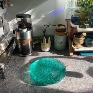 Set of 4 Vintage Arcoroc France turquoise teal glass plate Herringbone